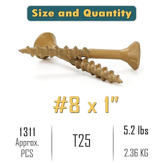 WELLOCKS Deck Screws, Wood Screws, Tan, Superior Rust Resistant, Epoxy Coated, Above 1000 Hour Salt Spray Coating T25 Torx Star Bit Included for Outdoor Wood Fence (5.2LBS Tan, #8×1")