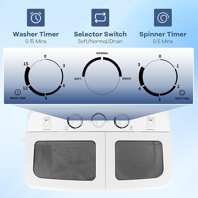 Giantex Portable Washing Machine, 20lbs Washer and Spinner Combo, Twin Tub 12lbs Wash & 8lbs Spin, Mini Compact Laundry Clothes Lavadora Portatil for Apartment Dorm RVs (White & Grey)