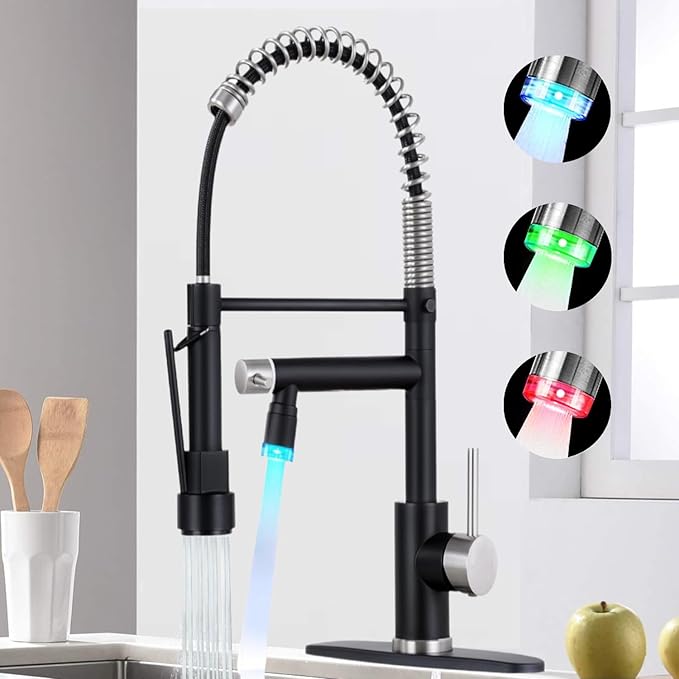 Smart Kitchen Faucet, 3 Modes Pull Down Sprayer, LED Temperature Control, Ceramic Valve,360-Degree Rotation,1 or 3 Hole Deck Plate,Double Spout. 10-Year Warranty. (KW-21NR, Brushed Nickel/Black)