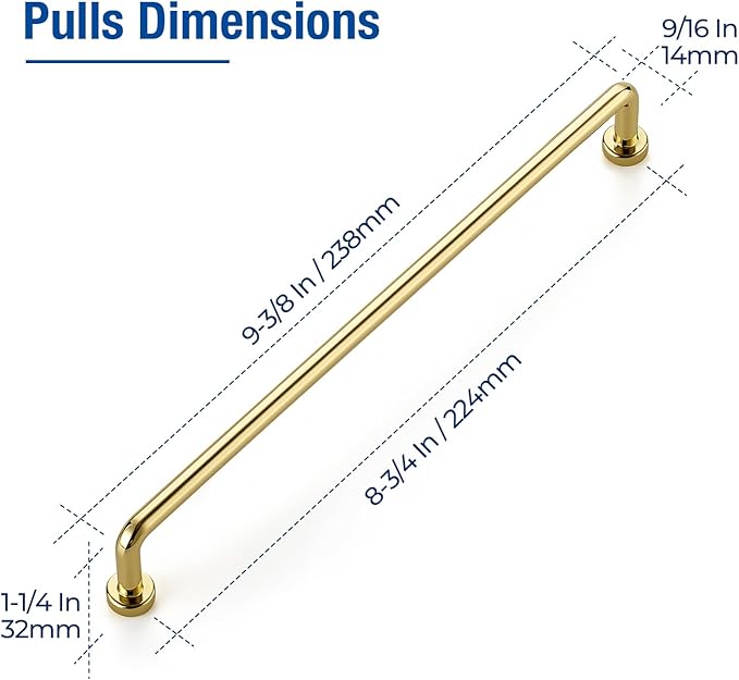 JOY DECOR Cabinet Pulls – 8-3/4 Inch Hole Center, Polished Brass, 2 Pack, Zinc Alloy Cabinet Handles for Drawers & Cupboard – Vintage Style Hardware for Kitchen, Bathroom, Dresser, Furniture Makeover