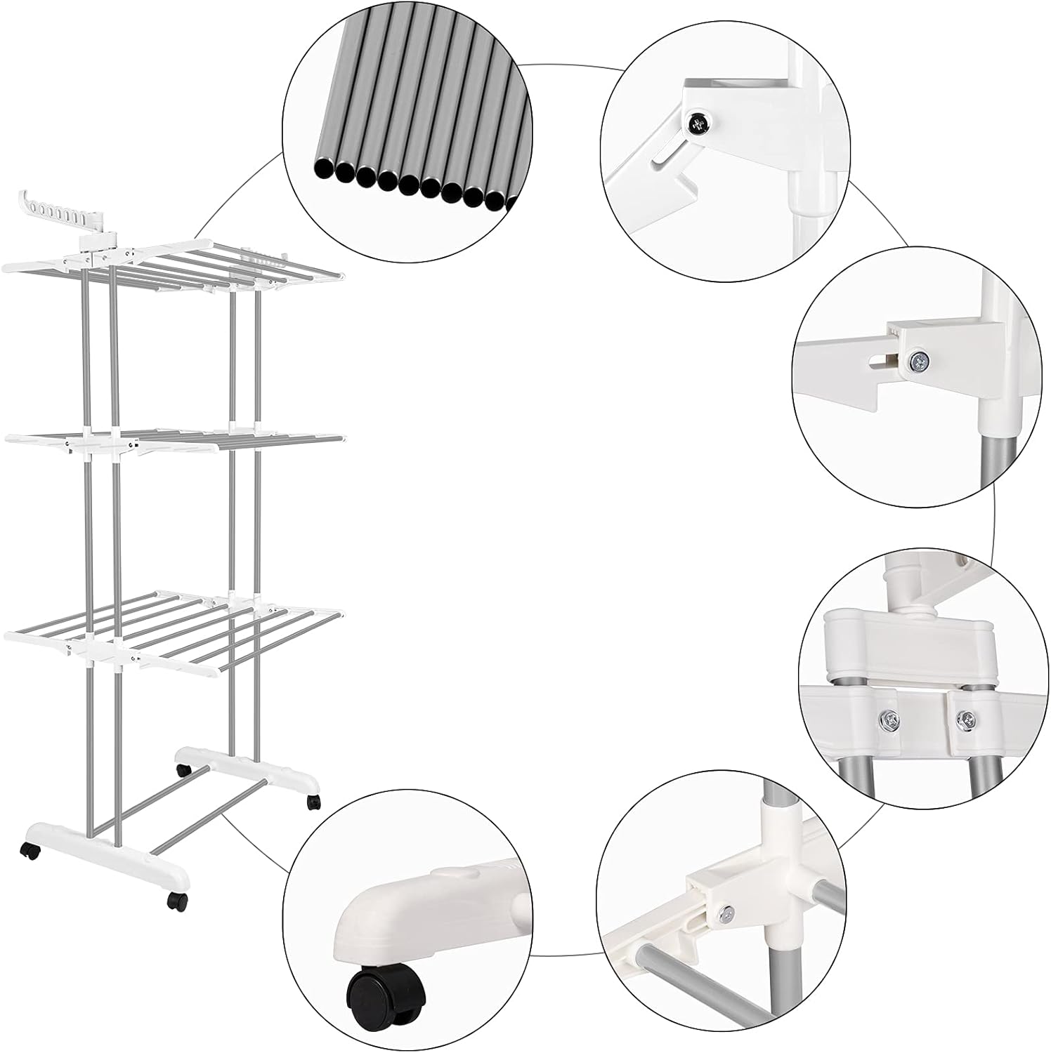 Bigzzia Clothes Drying Rack, Folding Stainless Steel Drying Rack Clothing Indoor Outdoor, Space-Saving, 4 Tier Laundry Drying Rack with Two Side Wings -Grey White