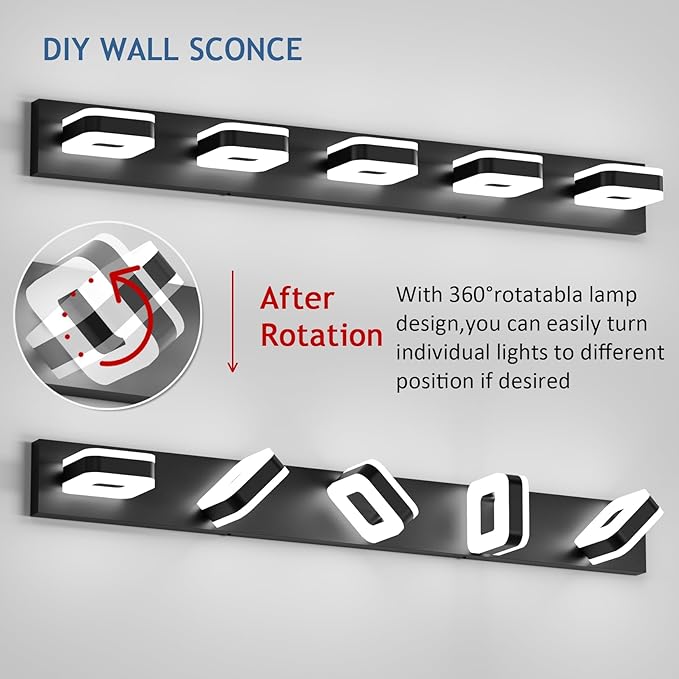 Tipace 5 Lights Black Bathroom Light Fixtures Modern LED Bathroom Vanity Lights Over Mirror 40.5 inch White Light 360°Rotatable