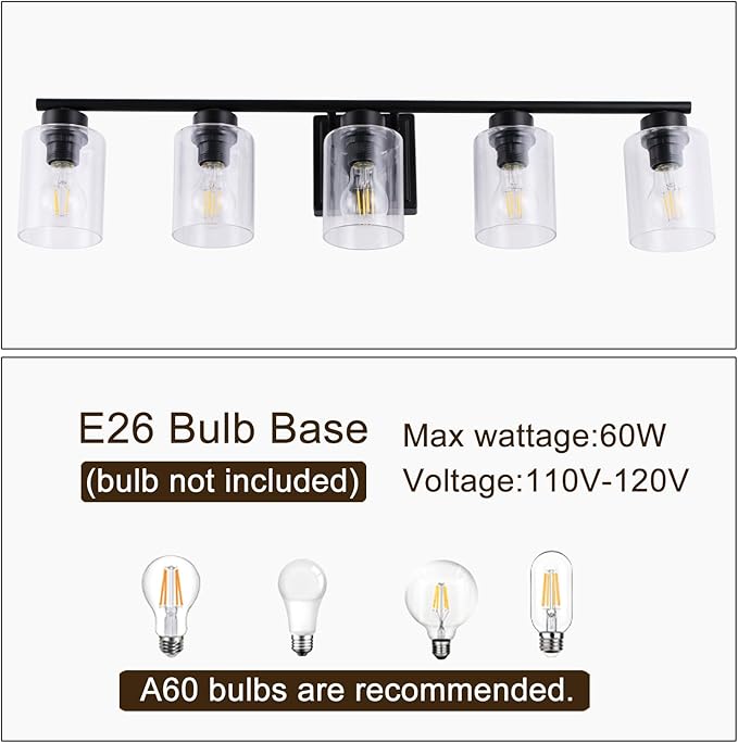 5 Light Bathroom Light Fixtures, 33.3 Inches Bathroom Lighting Fixtures Over Mirror, Black Vanity Light with Clear Glass Shades
