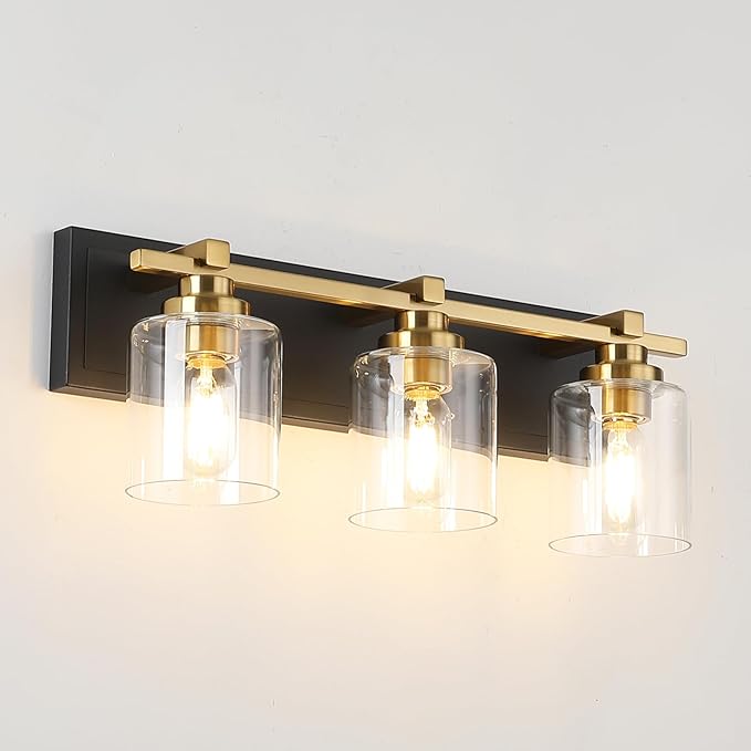 3 Light Modern Bathroom Light Fixtures Over Mirror, Black Gold Vanity Lights for Bathroom Wall Sconces with Clear Glass Shades, E26 Socket (Bulbs Not Included)