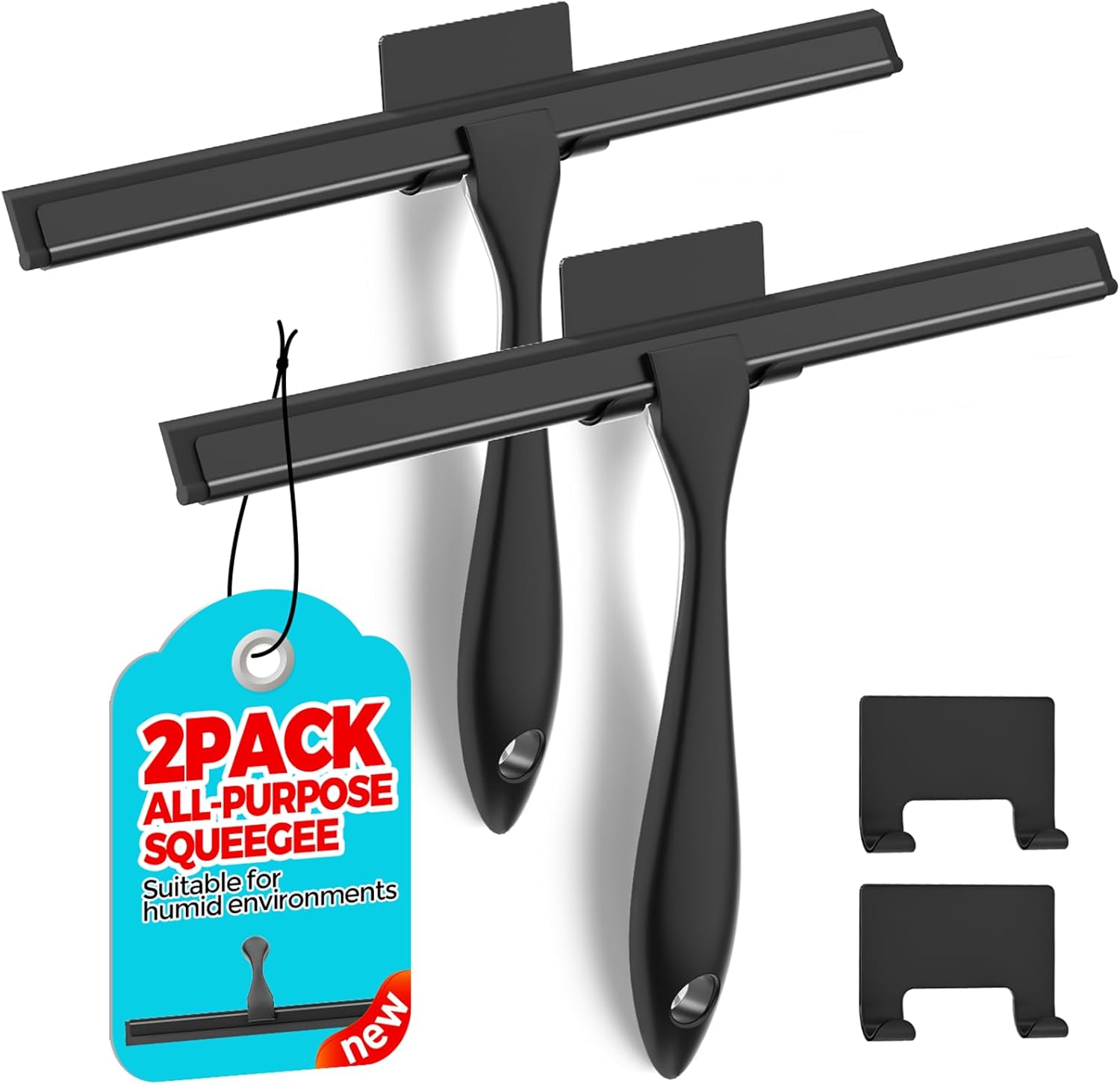 2PACK 12-Inch All-Purpose Shower Squeegee for Shower Doors, Bath Linen Sets, Tile Shower Walls, Bathroom, Window, Glass and Car Windshield, Mirrors and Kitchen-Stainless Steel, Black