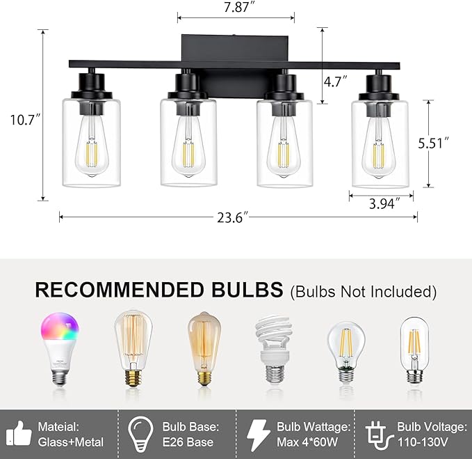 4 Light Black Bathroom Vanity Light Fixture Over Mirror Modern Farmhouse Wall Lighting Sconces Industrial Wall Lamp for Bathroom Bedroom Living Room E26 Socket with Glass Shade
