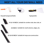 Drywall Tools Skimming Blade with Extension Handle - 10", 14", 24"& 32" 40" Blades with 2 Pack 0.3 mm Blades, Construction Tools End Caps, with Outer Box, Drywall Roller,Taping Knife
