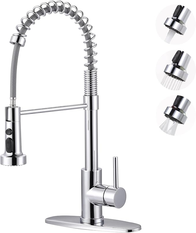 Kitchen Faucet with Pull Down Sprayer: Chrome 3-Function Kitchen Sink Faucet for 1 or 3 Hole - Stainless Steel Single Handle Spring Kitchen Faucets with Deck Plate for Farmhouse RV Laundry