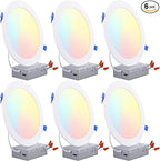 TORCHSTAR 8 Inch 5CCT Ultra-Thin LED Recessed Ceiling Light with Junction Box, CRI90, 27003000350040005000K Selectable, 18W Dimmable Slim Canless Wafer Downlight, ETL & ES & FCC, Pack of 6