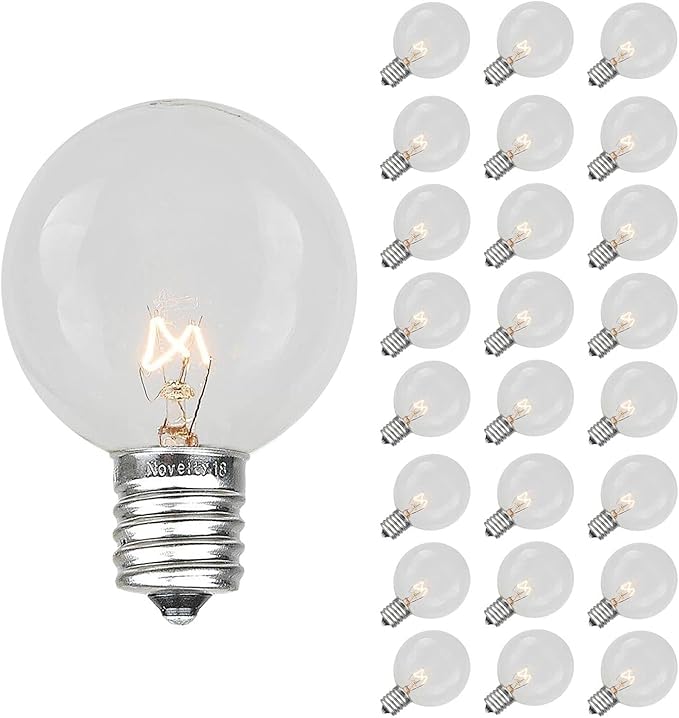 Novelty Lights 25 Pack G50 Outdoor Patio Globe Replacement Bulbs, Clear, E17/C9 Intermediate Base, 7 Watt