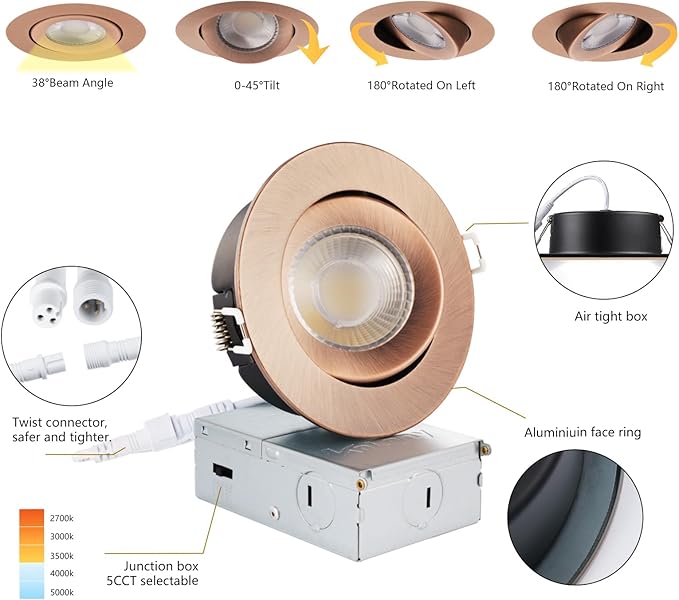 Bronze 4 Inch Led Recessed Lights 6 Pack, Eyeball Gimbal Soffit Lights with Junction Box,5CCT Selectable,9W 750LM