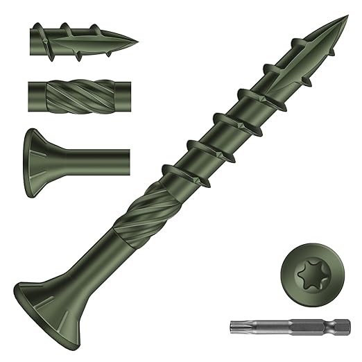 #8 x 1-1/2" Deck Screws (143Pcs) 1lb. Carbon Steel, Green, Flat Head, Rust Resistant epoxy Coated, with T25 Star Bit