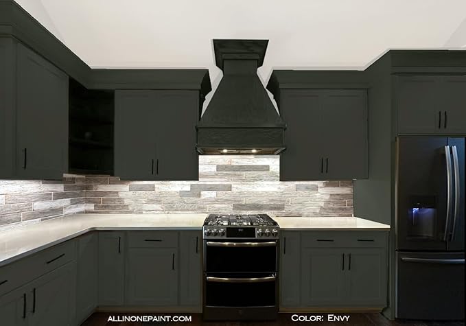 ALL-IN-ONE Paint, Durable cabinet and furniture paint. Built in primer and top coat, no sanding needed. Includes our 30 featured color card - Envy (slate green), Quart