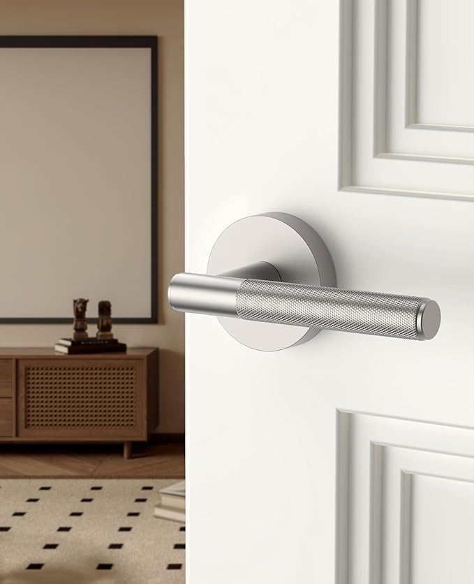 Asidrama 1 Pack Passage Brushed Nickel Door Handles, Door Lever with Door Knobs Indoor for Bedroom or Bathroom, Heavy Duty Door Handles Interior with Locks for Left Right Sided Doors