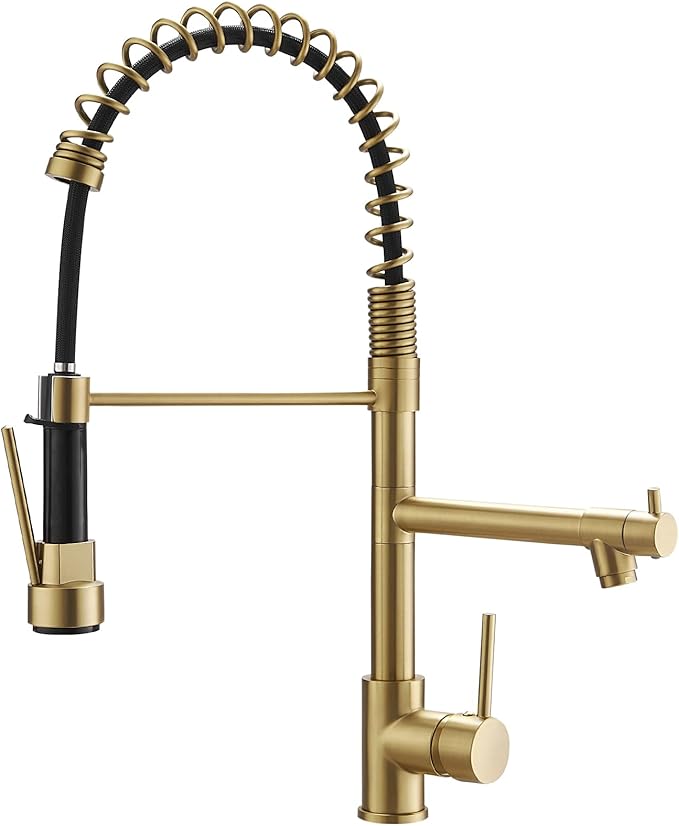 Brushed Gold Kitchen Faucet with Pull Down Sprayer, AIMADI Commercial Gold Kitchen Sink Faucet Single Handle Spring Two Nozzles Faucets