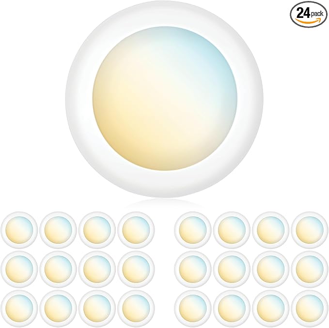 PARMIDA (24 Pack) 5/6 Inch Dimmable 3CCT LED Disk Lights, 15W Surface Mount Recessed Ceiling Lighting, 3 Color Selectable 3000K/4000K/5000K, 1050lm, J-Box Or Recessed Can Installation, UL-Listed