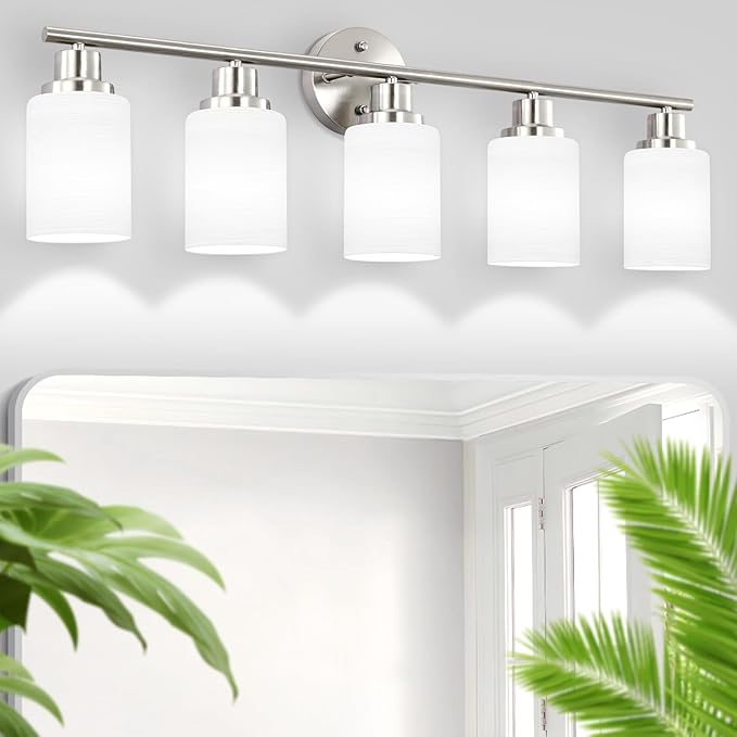 5-Light Brushed Nickel Vanity Lights, Bathroom Light Fixtures with Textured Milky White Glass Shade, Modern Bathroom Lighting Fixtures Over Mirror Wall Sconce Light - E26 Base