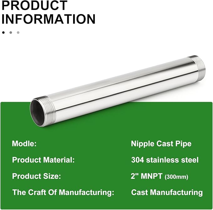 TAISHER 1PCS Stainless Steel Pipe Fittings, 2" NPT Male x 2" NPT Male Threaded, 12" Length Nipple Cast Pipe