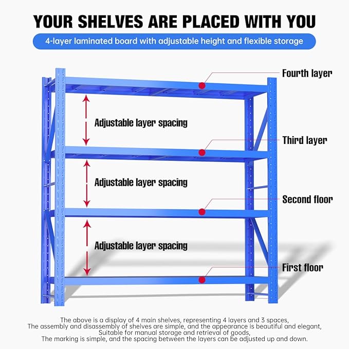 Storage Shelves Heavy Duty, Metal Garage Shelving Units, 4 Tier Storage Rack Shelf, Steel Industrial Shelving, Adjustable Standing Shelf for Basement/Warehouse (Blue, W59.06*D19.69*H78.74)