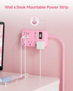 6 USB(2 USB C) Pink Extension Cord- 5Ft Travel Power Strip with 24W USB Charging Station and 4 Outlets, Pink Desk Accessories with Surge Protector for Cute Kawaii Gifts College Dorm Desk