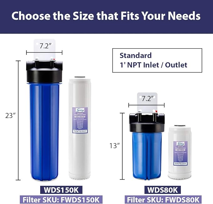 iSpring Whole House Water Filter,20" x 4.5", Reduces Scale Water Filters, Whole House Water Filtration System, Filter Made in the USA, Model:WDS150K, Blue