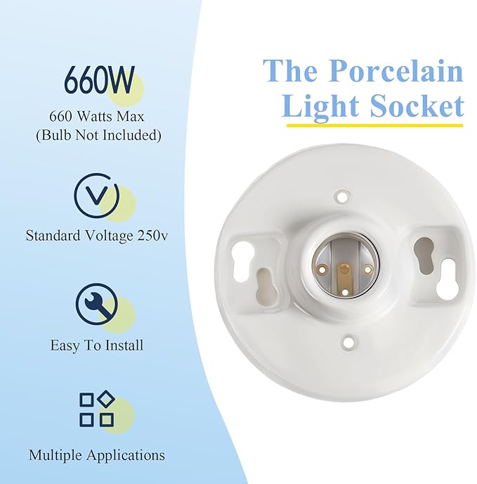 8 Pcs Medium Base E26 Lamp Holder Ceiling Light Sockets White Bulb Socket Incandescent Fluorescent CFL Lamp Holder 660w 250v (Porcelain)