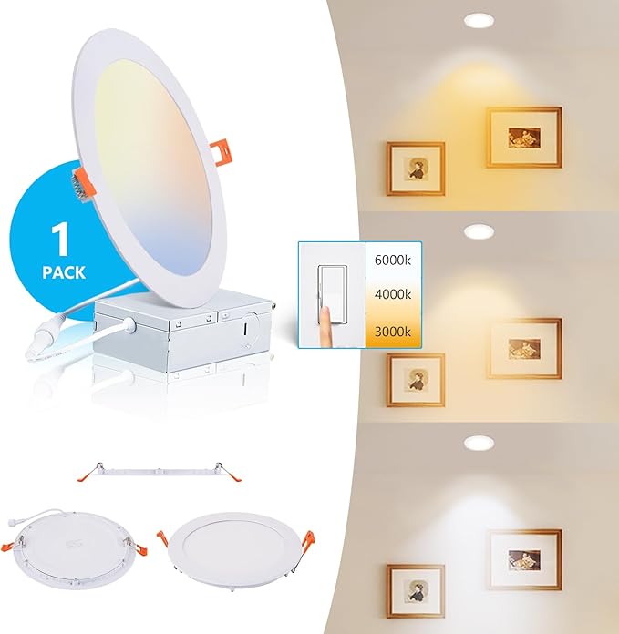 8 Inch LED Recessed Light with Junction Box.1Pack Ultra Thin LED Recessed Lights 3CCT 3000K/4000K/6000K Selectable Dimmable,18W 8" Ceiling Canless Light Downlight, Can Killer Lighting CR80+