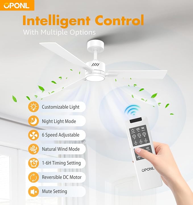 42" White Ceiling Fan with Light, Remote Control, Downrod Mount, Noiseless, Reversible, 6CCT, Dimmable, 6 Speeds, Timeable, Ceiling Fan with Remote Control for Bedroom, indoor/outdoor