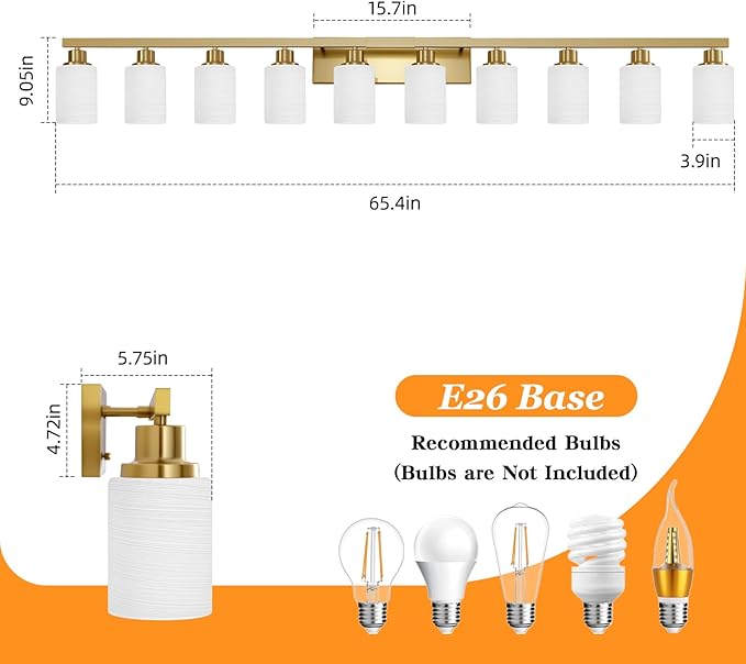 Gold Bathroom Vanity Light,10-Light Brushed Gold Bathroom Light Fixtures with White Frosted Glass,64.5in Wall Lamp Sconces for Mirror Bedroom,Living Room Hallway,E26