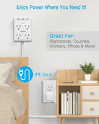 Flat Multi Plug Extender with 3 USB Wall Charger(1 Type C), 4 Outlet Wall Adapter, 4 ft Thin Extension Cord, Flat Plug Surge Protector Power Strip for Home, Office, College Dorm. White