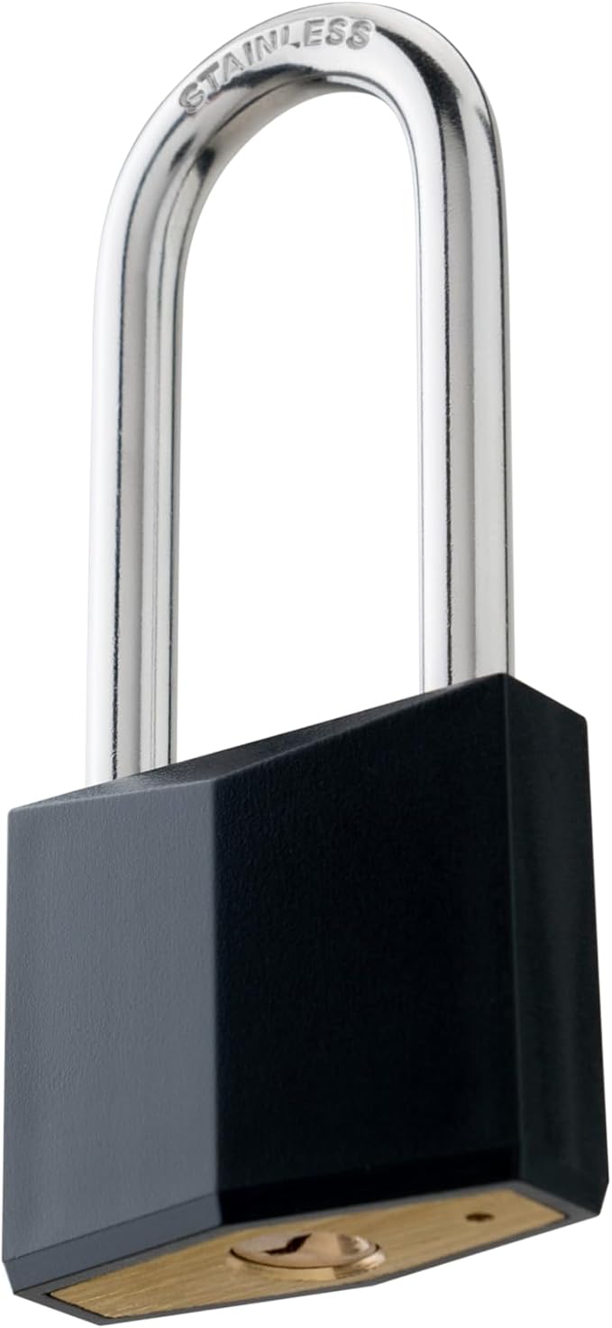 6-Pack Keyed Alike Locks, Black Covered Brass Keyed Padlock with Stainless Steel Long Shackle, 1-9/16 Inch Lock Body, Rustproof Locks for Gate Fence Hasp Cabinet Toolbox Gym or School Locker