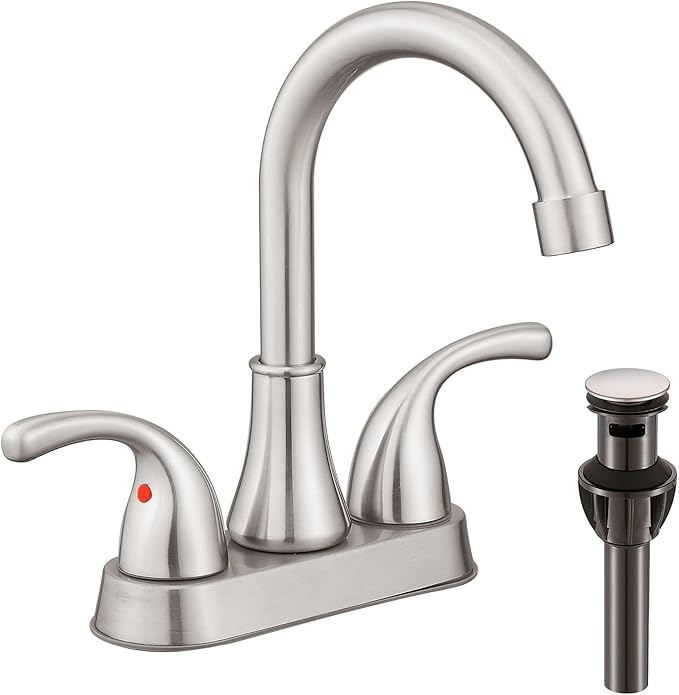 Bathroom Sink Faucet FRANSITON 4 Inch Faucet 2 Handle Bathroom Sink Faucets Lead-Free Brushed Nickel Bath Sink Faucets with Pop-up Drain Stopper and Supply Hoses