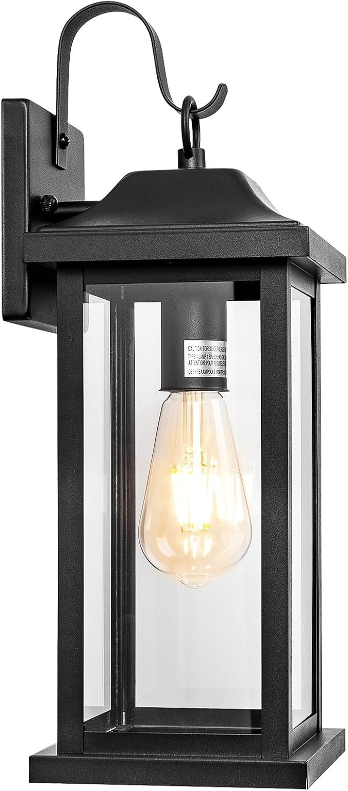 Large Black Outdoor Wall Light 17 Inch, Exterior Light Fixture with IP65 Waterproof Clear Glass, Modern Outside Wall Sconce Porch Light for Front Door Backyard, Wall Mounted Lamp E26 Base