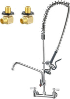 42" Height Commercial Sink Faucet with Sprayer, 8 Inch Center Wall Mount Kitchen Sink Faucet with Down Pre-Rinse Sprayer, Compartment Sink Faucet with 12" Swivel Spout for Restaurant