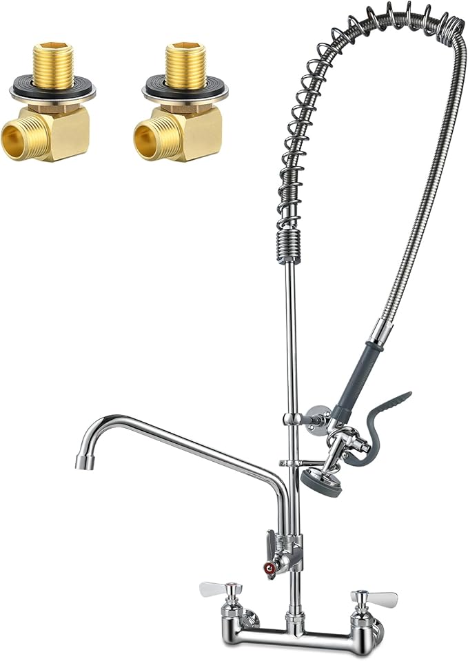 42" Height Commercial Sink Faucet with Sprayer, 8 Inch Center Wall Mount Kitchen Sink Faucet with Down Pre-Rinse Sprayer, Compartment Sink Faucet with 12" Swivel Spout for Restaurant