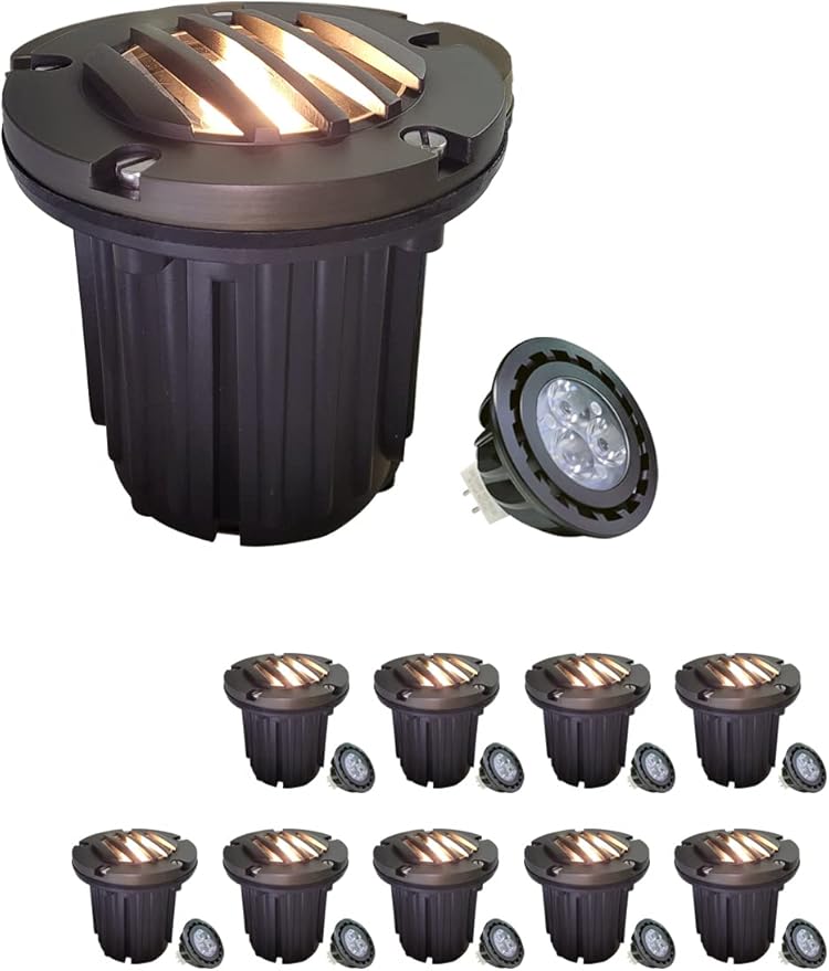 MALORY Brass Top Cover Landscape Well Lights,(5''H) 12V Low Voltage Outdoor In Ground Lights,Landscape Lighting for Pathway, Driveway and Garden 10 Pack with MR16 Bulb (Grated Top, 10-Pack with Bulb)