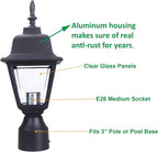 LIT-PaTH Outdoor Post Lighting Fixture Pole Lantern, E26 Medium Base Max 60W, Aluminum Housing Plus Clear Glass, Bulb Not Included, Matte Black Finish, 2-Pack