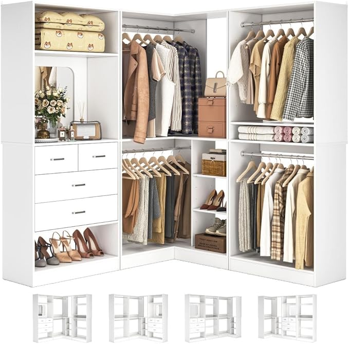 Unikito 86” Closet System, Large Corner Closets Organizer with Hanging Rods and Mirror Design, Freestanding Adjustable Wood Clothes Garment Rack with Drawers, Sturdy Walk in Closet Tower, White