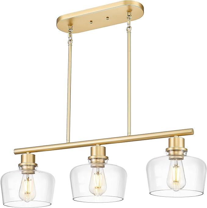 Emak Gold Kitchen Island Lighting, 3-Light Dining Room Light Fixtures Over Table with Clear Glass Shade, Modern 32 Inch Island Lights for Kitchen, Dining Room, Bar, IL122-GD-CG-3