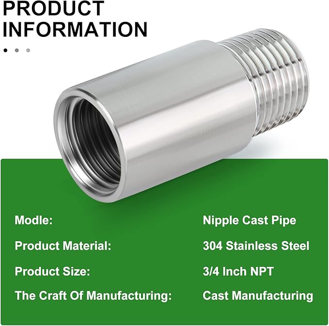 TAISHER 2PCS Stainless Steel Pipe Fittings, 3/4" NPT Male x 3/4" NPT Female Threaded, 2" Length Nipple Cast Pipe