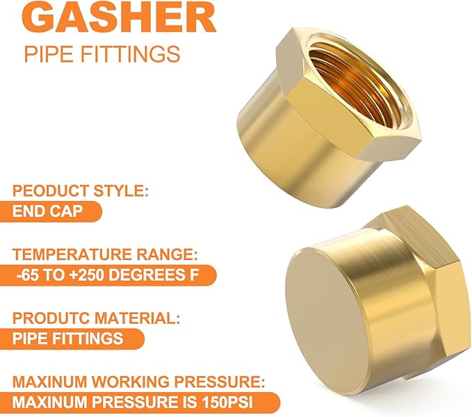 GASHER 1/4"NPT Brass Pipe Cap, NPT Female Thread Socket Pipe End Cap Plugs Fitting 2PCS