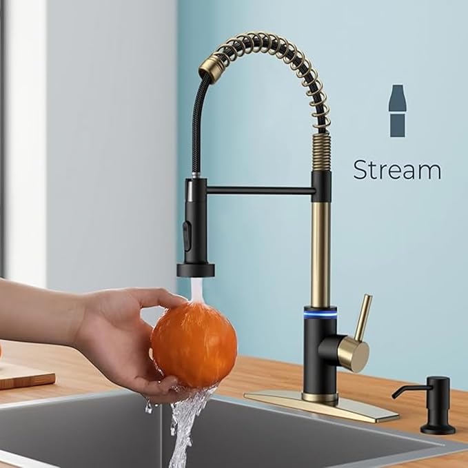 Smart Kitchen Faucet, 3 Modes Pull Down Sprayer, Touch On Sensor Activated, LED Temperature Control, 360-Degree Rotation, 1 or 3 Hole Deck Plate. 10-Year Warranty. (KW-66GR, Brushed Gold/Black)