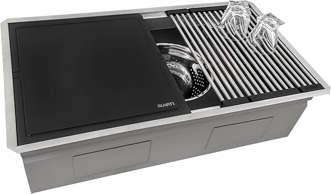 Ruvati 33-inch Workstation Two-Tiered Ledge Undermount Kitchen Sinks 16 Gauge Stainless Steel with Black Composite Accessories - Deep Undermount Sink, Kitchen Sink, Stainless Steel Sinks - RVH8224