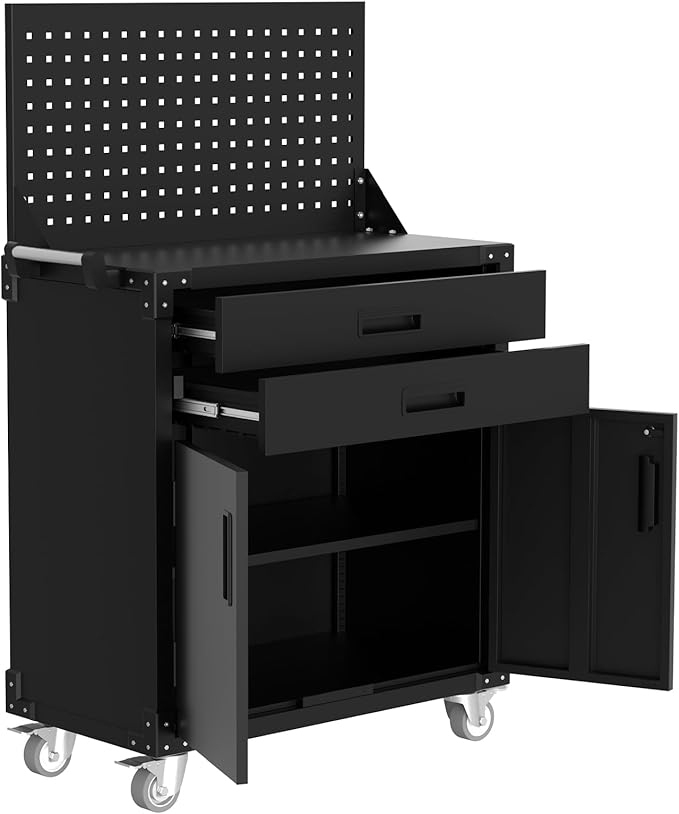 GarveeHome Rolling Tool Cabinet, Heavy Duty Steel Garage Storage Cabinet with 2 Drawers, Pegboard & 4 Wheels, Lockable Tool Cart Workbench for Workshop, Warehouse