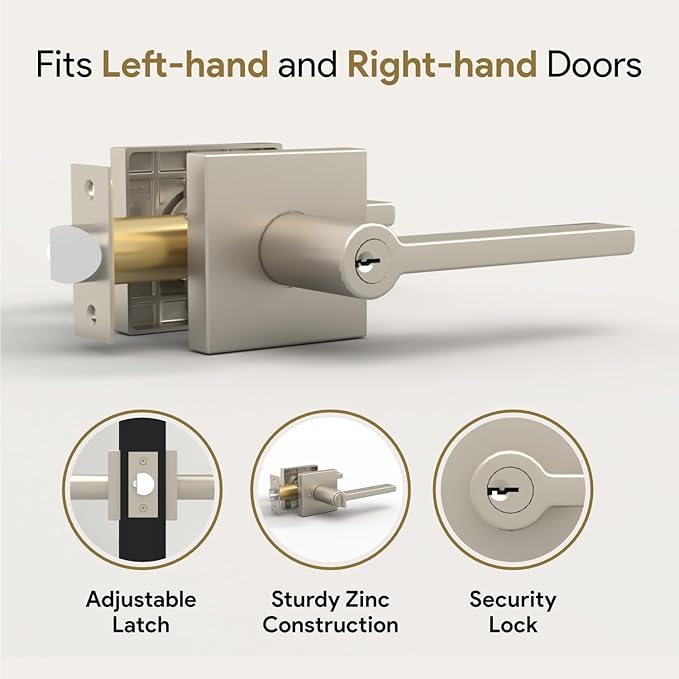 Mega Handles - Prime Entrance Handle, Entry Lever Door Handle, Heavy Duty Square Locking Lever Set for Left or Right-Handed Doors, Interior/Exterior Door Levers - Satin Nickel