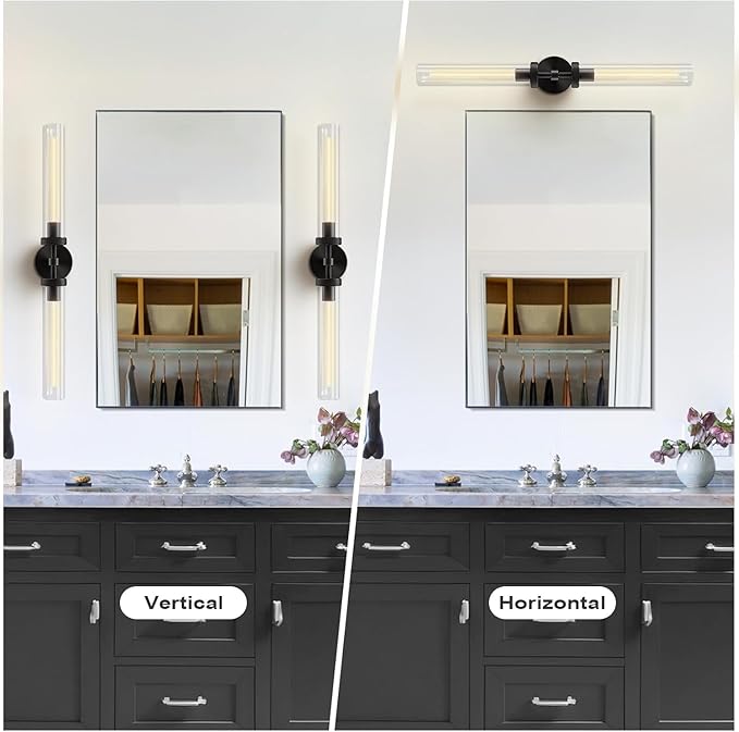 Black Wall Sconces Set of 2, Double Lights 30" Knurled Texture Indoor Wall Light Fixtures, Bathroom Vanity Light Fixtures with Clear Glass, Modern Wall Lamp for Living Room Hallway(Bulb Included)