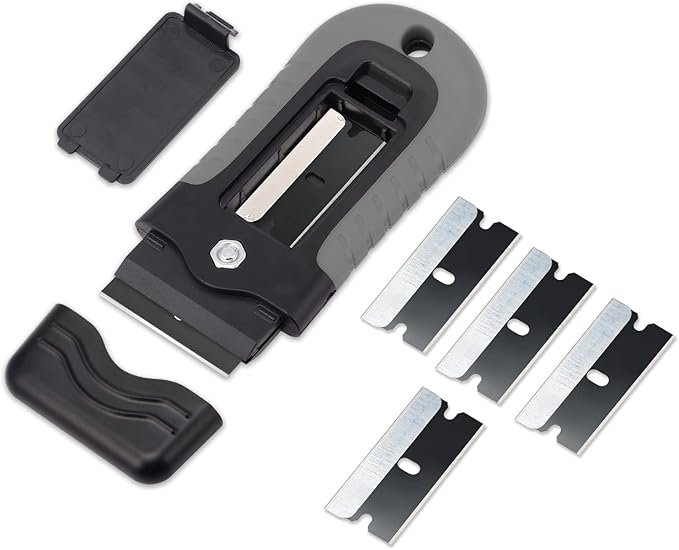 Gomake Locking Razor Blade Scraper with Safety Cap, Glass Cooktop Scraper with 10PCS Black Carbon Steel Blades for Glass Clean, Paint and Old Label,Decal Sticker Remover, Stove Top Scraper Tool