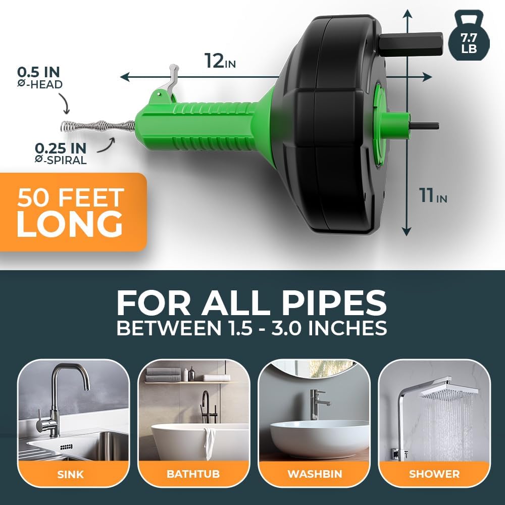 drain snake [50 FT] - Auto Feed - Ideal plumbing snake for sink and drain unblocking - Solid drain auger for real DYIs!