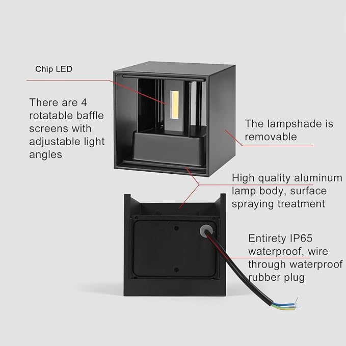 2 Pack LED Outdoor Wall Lights Exterior/Interior, Up and Down Lights IP65 Waterproof Wall Sconces, Square Aluminum Outdoor Wall Lighting Fixtures, Modern Black 12W 3000K Warm Lights