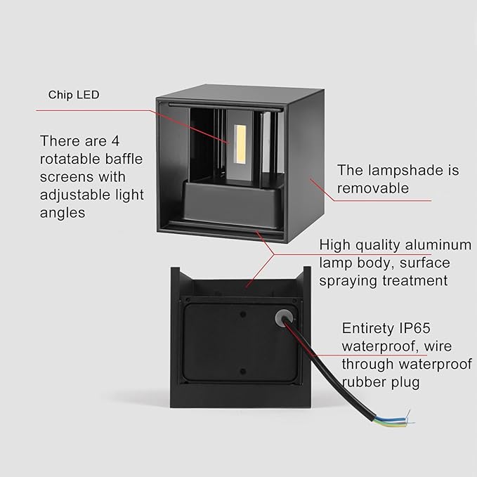 4 Pack Outdoor Wall Lights Exterior/Interior LED Wall Sconces IP65 Waterproof Square Aluminum Wall Lamps Outdoor Lighting Fixture Up and Down Lights Modern Black 12W 3000K Warm Lights